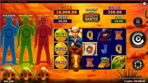 Amazing Link Bounty Wanted slot desert landscape and gunslinger silhouettes