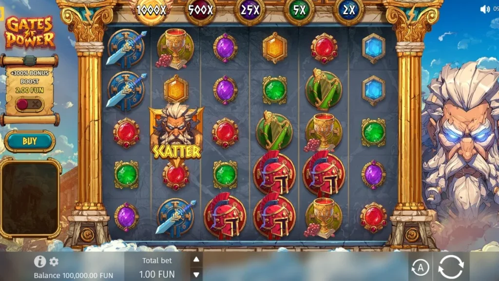 Pemandangan gerbang Olympus dalam slot Gates of Power dengan Zeus yang megah