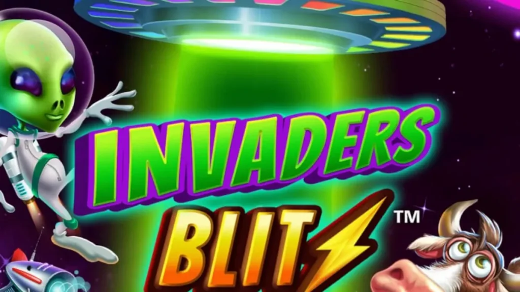 Tampilan visual slot Invaders Blitz dengan tema invasi sapi alien di luar angkasa