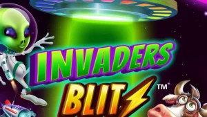 Tampilan visual slot Invaders Blitz dengan tema invasi sapi alien di luar angkasa